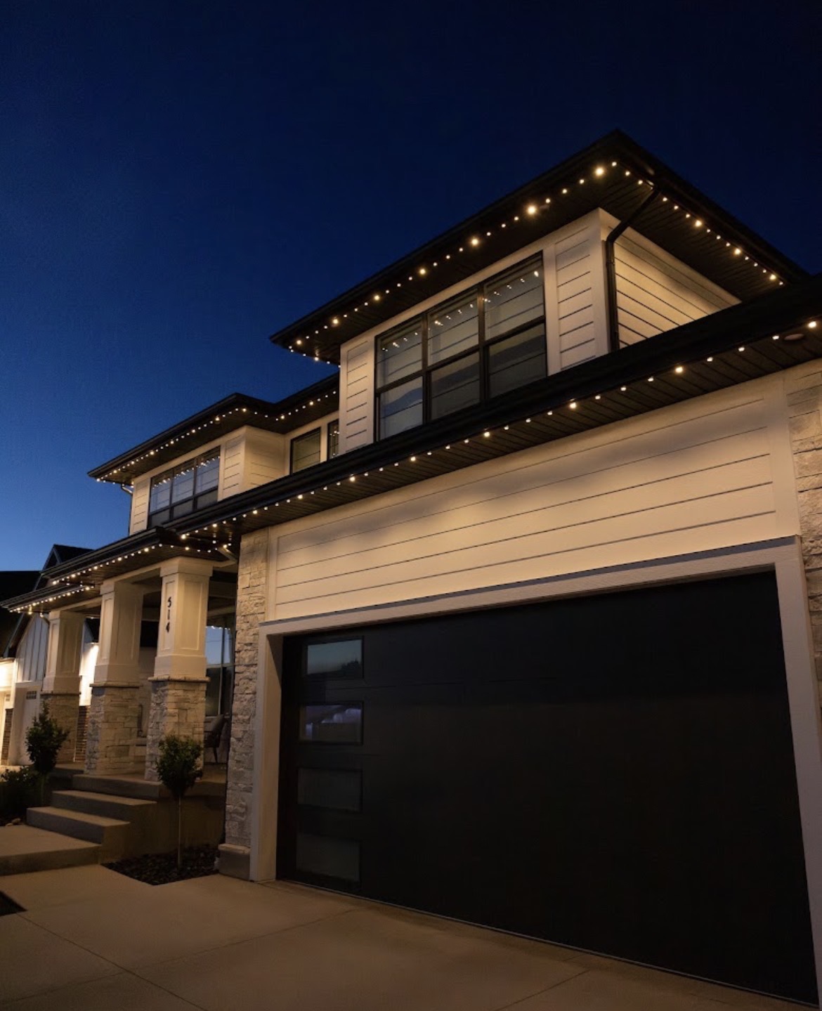 Close view of professionally installed warm white permanent lighting